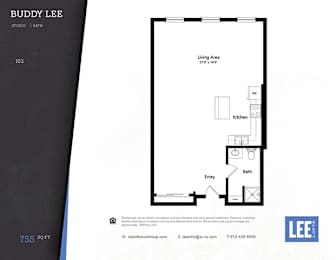 A floor plan for a studio apartment with a living area, kitchen, and bathroom.