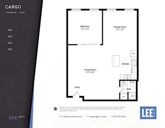 A floor plan for a cargo apartment with a living room, dining room, kitchen, and bath.