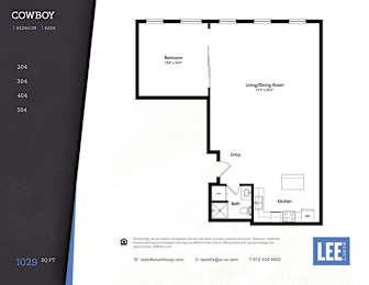 A floor plan for a property named COWBOY shows a bedroom, a living/dining room, a kitchen, and a bathroom.