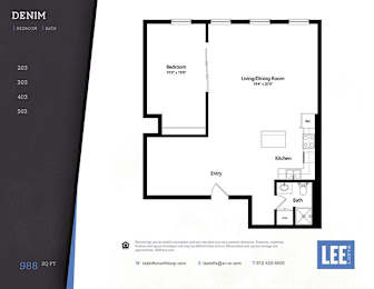 A floor plan for a one bedroom, one bath apartment with a living/dining room, kitchen, and bathroom.