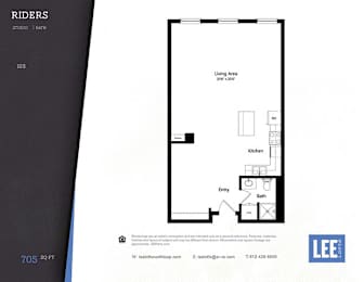 A floor plan for a studio apartment with a kitchen, bathroom, and living area.