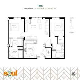 Teal Two Bedroom One Bathroom Floorplan at Soul Apartments, St. Paul