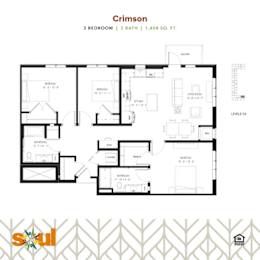 Crimson Three Bedroom Two Bathroom Floorplan at Soul Apartments, Minnesota 55107