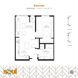 Emerald One Bedroom One Bathroom Floorplan at Soul Apartments, St. Paul, 55107
