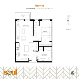 Garnet One Bedroom One Bathroom Floorplan at Soul Apartments, St. Paul, Minnesota