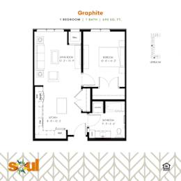 Graphite One Bedroom One Bathroom Floorplan at Soul Apartments, Minnesota 55107