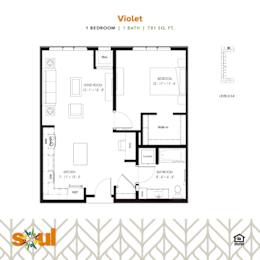 Violet One Bedroom One Bathroom Floorplan at Soul Apartments, St. Paul, MN