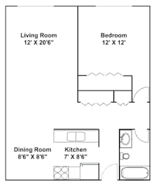 A floor plan of a small apartment with a living room, bedroom, dining room, and kitchen.