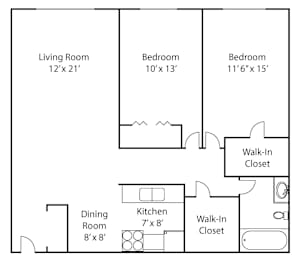 A floor plan of a home with a living room, two bedrooms, a dining room, a kitchen, and two walk-in closets.