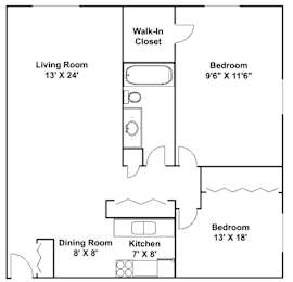 A floor plan of a small apartment with a living room, dining room, kitchen, and two bedrooms.