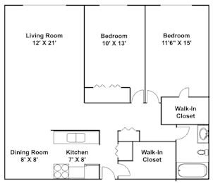 A black and white image of a floor plan for a small apartment.