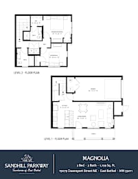 Floor plan for a two bedroom, two bathroom apartment.