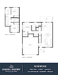 A floor plan for a 3 bedroom, 2 bathroom Rosewood apartment.