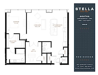 A floor plan for a one bedroom den and half bath apartment.