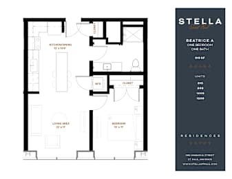 A floor plan for a one bedroom apartment at Stella Residences.