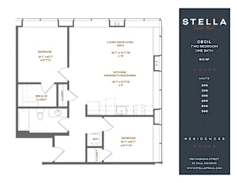 A floor plan for a Stella Residences Cecil apartment with two bedrooms and one bath.