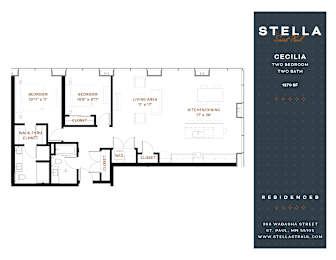 A floor plan for a two bedroom apartment with a living area and kitchen/dining space.