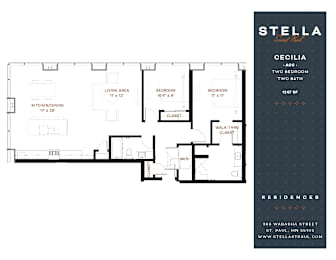 A floor plan for a Stella Residences property named Cecilia, which includes two bedrooms, two bathrooms, and a living area.