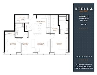 A floor plan for a two bedroom apartment at Stella Residences.