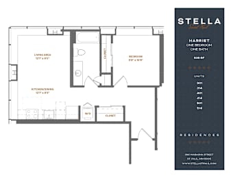 A floor plan for a one bedroom apartment with a living area, kitchen, bathroom, and closet.
