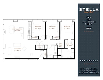 A floor plan for a Stella Ivy apartment shows three bedrooms and a living area.
