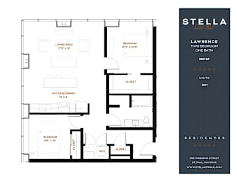 A floor plan for a Stella Residences apartment named Lawrence, featuring two bedrooms and one bathroom.