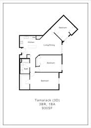 A black and white image of a floor plan for a Tamarack 3D, 3BR, 1BA, 930SF.