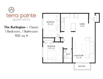 A floor plan for a 900 sq ft apartment with one bedroom and one bathroom.