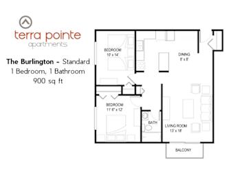 A floor plan for a 900 sq ft apartment with one bedroom and one bathroom.