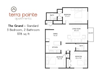 A floor plan for a 3 bedroom, 2 bathroom apartment from Terra Pointe Apartments.