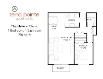 A floor plan for a 716 square foot apartment with one bedroom and one bathroom.