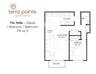A floor plan for a 716 square foot apartment with one bedroom and one bathroom.