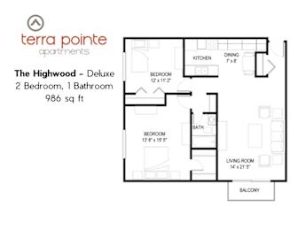 A floor plan for a 986 square foot apartment with two bedrooms and one bathroom.
