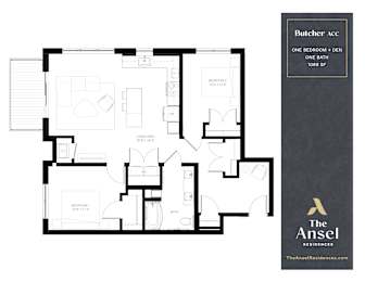 Butcher accessible floorplan, one bedroom plus den floorplan at The Ansel Residences in Vadnais Heights, Minnesota