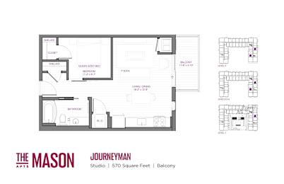 A floor plan of a studio apartment at The Mason Apartments.