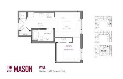 A floor plan of a studio apartment with a kitchen, bathroom, and living room.