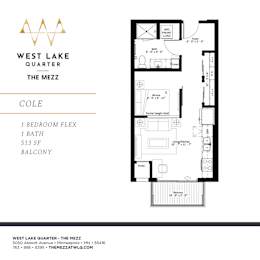 A floor plan for a property at West Lake Quarter shows a 1 bedroom, 1 bath, 513 square foot balcony.