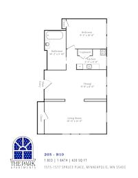 A floor plan for a 420 square foot apartment with one bed and one bath.