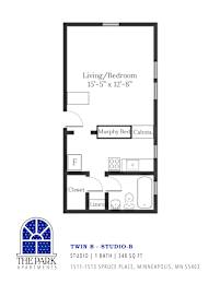 A floor plan for a studio apartment with a living/bedroom area, bathroom, and closet.