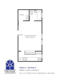A floor plan for a studio apartment with a bedroom and bathroom.