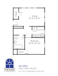 A floor plan for a 1 bedroom apartment at The Park Apartments.