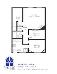 A floor plan for a 1 bedroom apartment at The Park Apartments.
