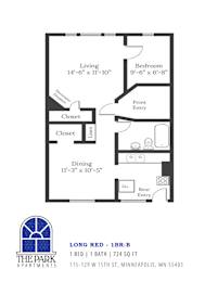 A floor plan for a one bedroom apartment at The Park Apartments.