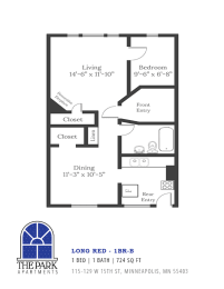 Floor Plan Layout of Long Red 1 Bedroom Apartment at The Park Apartments in Minneapolis, MN