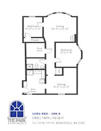 A floor plan for an apartment at Long Red - 2BR-B showing two bedrooms, a living room, a dining room, a bathroom, and closets.