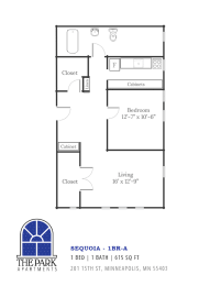 Floor Plan Layout for The Sequoia One Bedroom at the Park Apartments in Minneapolis, 55403
