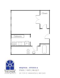 A floor plan for a studio apartment with a closet, bathroom, and kitchenette.