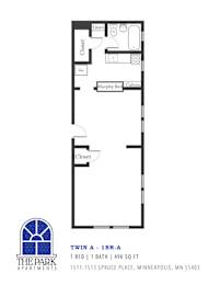 A floor plan for a 1 bedroom apartment with a bath.