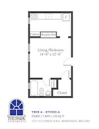 A floor plan for a studio apartment with a living room, bed, bathroom, and closet.