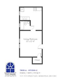 A black and white image of a floor plan for a studio apartment.